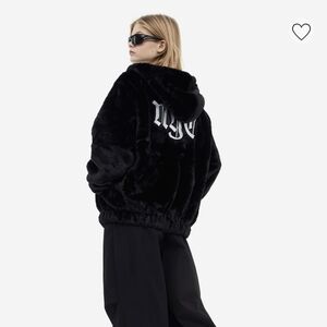 H&M Women Faux Fur Hooded Jacket Black Sz S